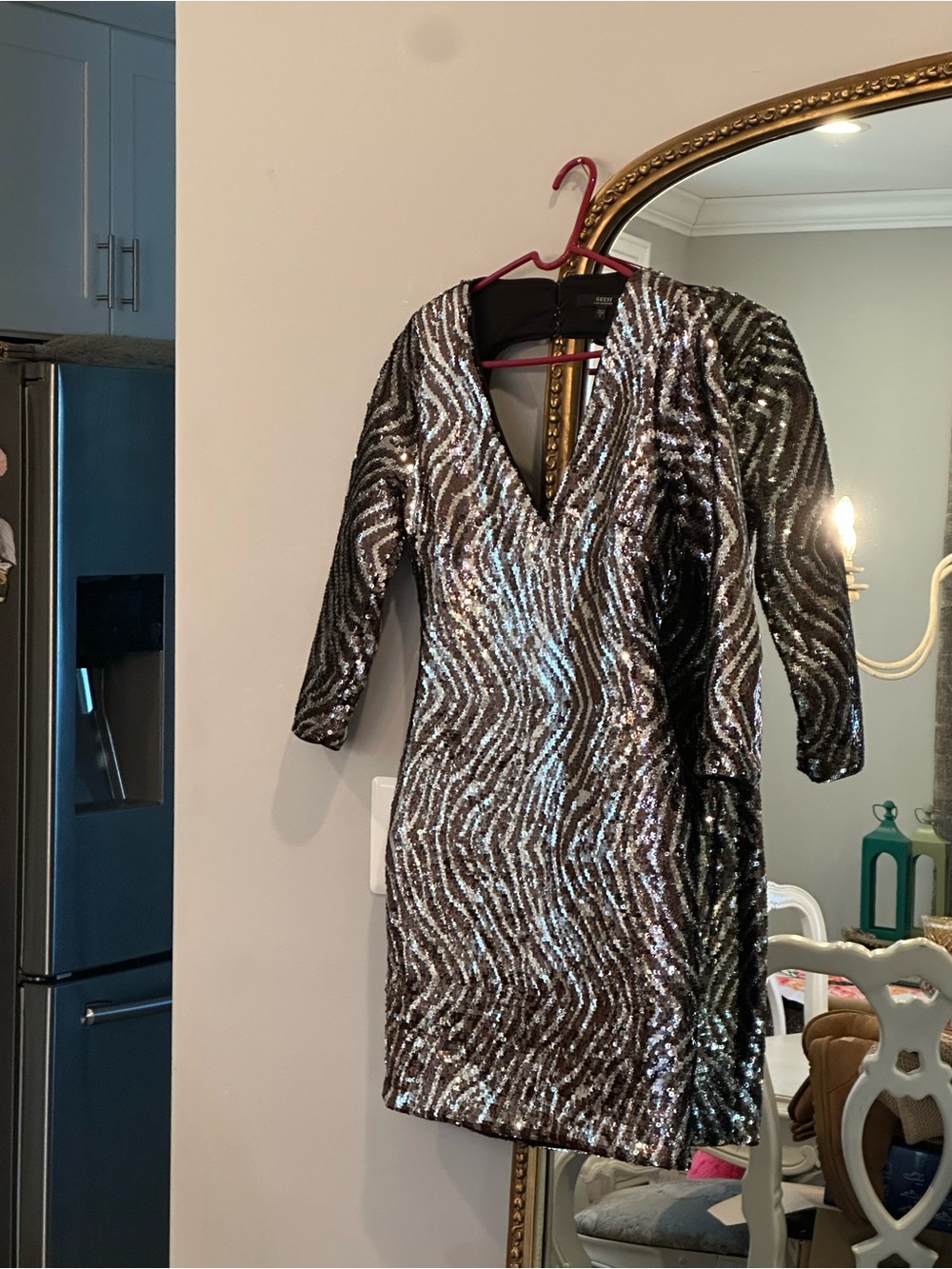 Guess Metallic Zebra Sequin V-Neck Mini Dress - Black & Silver